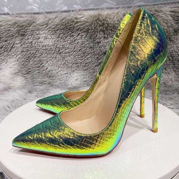 

red bottoms high heel shoes 2023 new shiny green crocodile effect women pointy toe thin heels wedding shoe fashion red sole ladies slip on s, Black