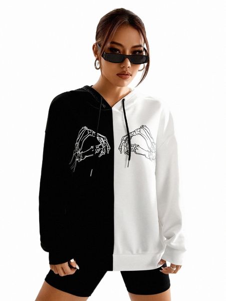 

women's hoodies & sweatshirts x cassi walsh hand skeleton print two tone drawstring hoodie y8hi#, Black