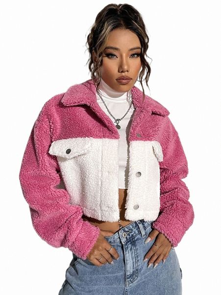 

women's jackets two tone drop shoulder crop teddy jacket x8mo#, Black;brown