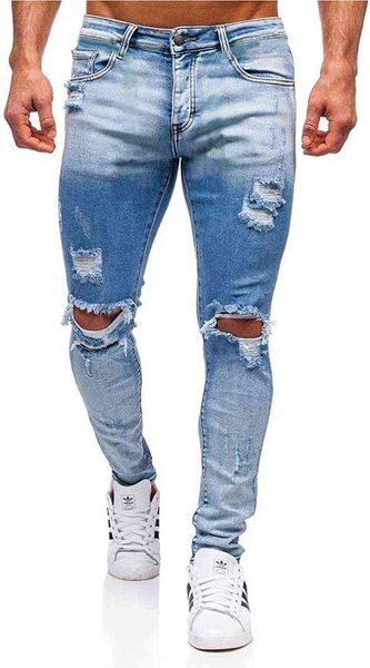 

men's jeans hungson men's elastic hole tight motorcycle jeans fit, Blue