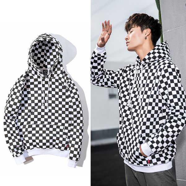 

men's hoodies oversize black and white plaid plush thick hooded pullover