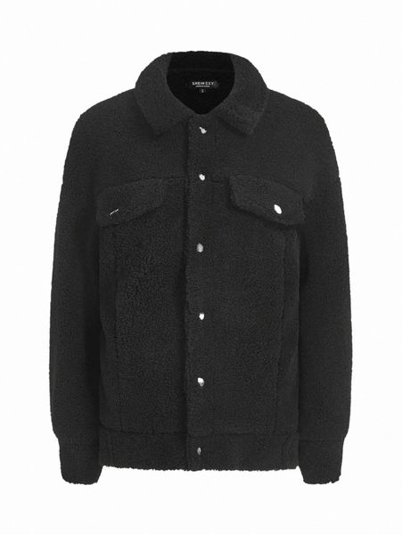 

women's down & parkas flap detail snap button front fleece coat v6ex#, Black