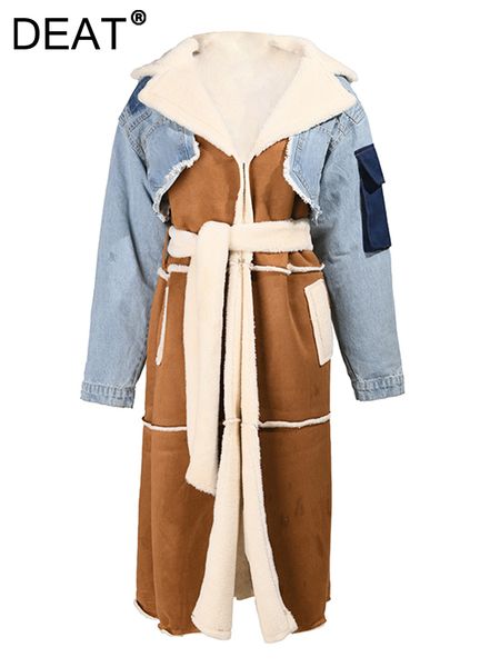 

women's wool blends deat winter women's jackets turn-down collar temperament patchwork denim long sleeve overcoat woolen coat fema, Black