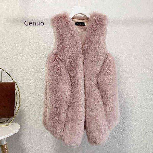 

women's cape new arrival long faux fur vest fluffy jacket women slim fake fur coats artificial fur gilet t220830, Black