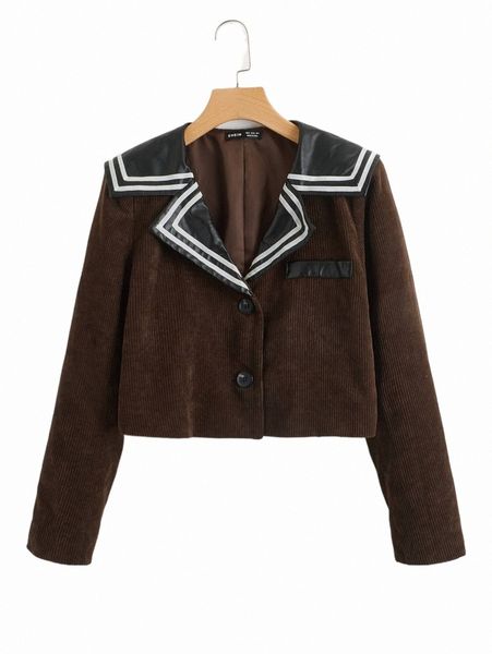 

women's jackets lapel neck striped trim jacket w2bg#, Black;brown
