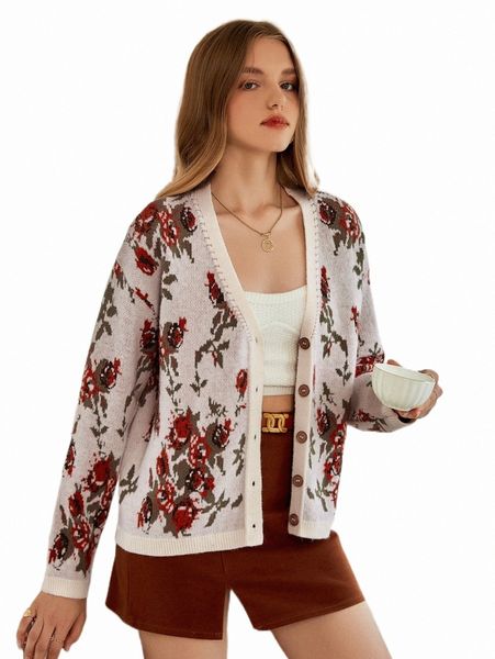 

women's sweaters mod floral pattern button up cardigan p6qy#, White;black