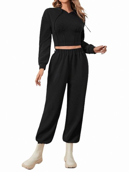 

two piece dress drawstring drop shoulder crop hoodie & sweatpants 59xw#, White