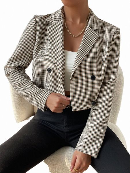 

women's two piece pants plaid print double breasted crop blazer b6ic#, White