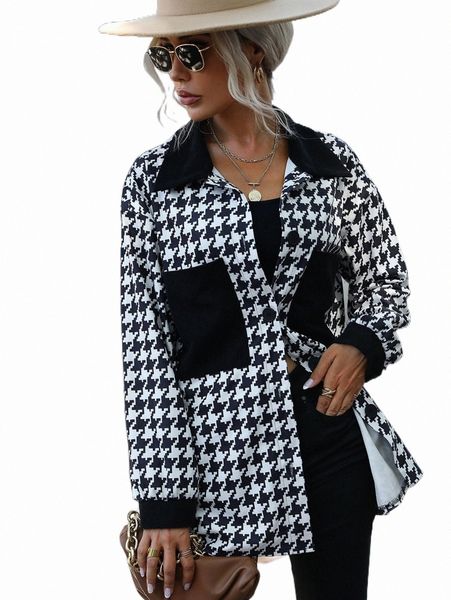 

women's down & parkas houndstooth pocket patched drop shoulder coat 15yb#, Black