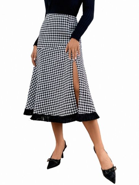 

skirts houndstooth print ruffle trim split thigh skirt v4jw#, Black
