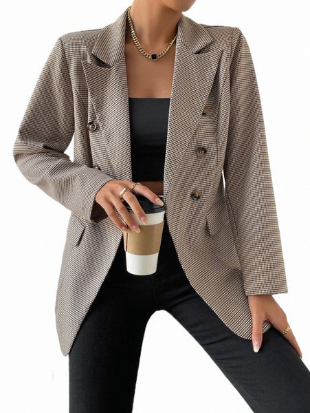 

women's two piece pants houndstooth print double breasted blazer s8sg#, White