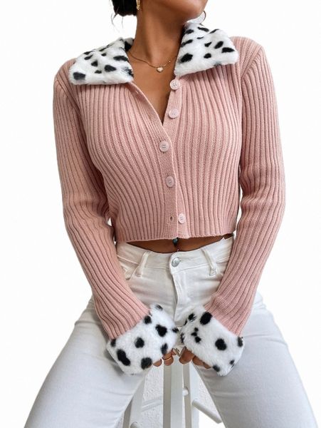 

women's sweaters dalmatian pattern contrast borg collar ribbed knit cardigan y0do#, White;black