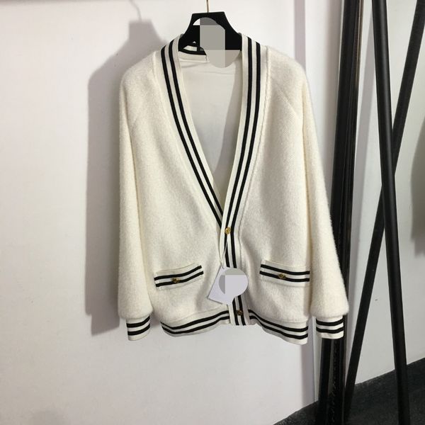 

812 l 2022 autumn women's sweaters striped white yellow v neck long sleeve meiyi, White;black