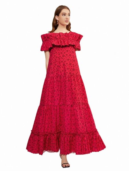 

casual dresses x jian lasala allover floral print cold shoulder ruffle trim smock dress k4p5#, Black;gray