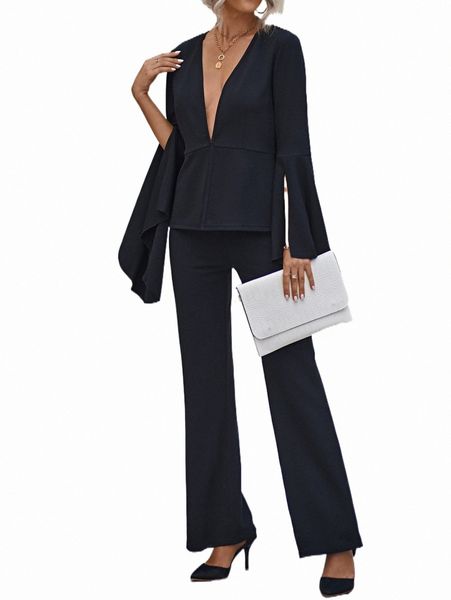 

two piece dress plunging neck split sleeve jacket & flare leg pants t0oj#, White