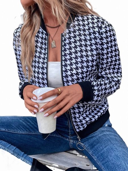 

women's jackets houndstooth print zip up bomber jacket c8h3#, Black;brown