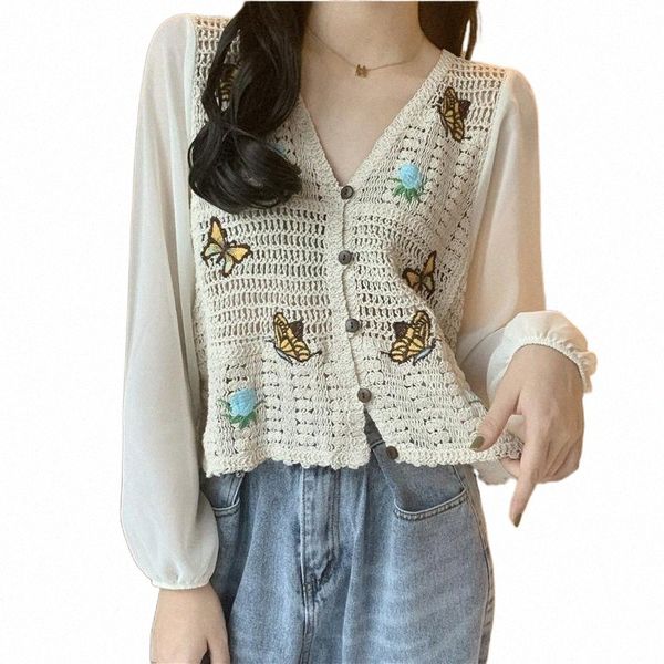 

women's blouses & shirts women's blouses & shirts 2021 spring design square collar butterfly knitted stitching hollow loose long-s, White
