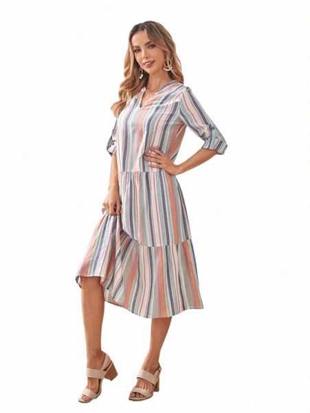 

casual dresses emery rose striped notched neck ruffle hem dress l95s#, Black;gray