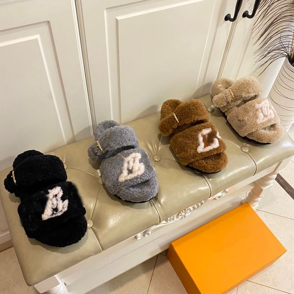 

slippers designer slippers wool slipper fluffy furry sandals comfort warm sandal autumn winter women slides letter slide scuffs shoes, Black