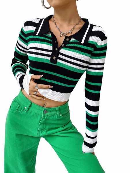 

women's sweaters block striped pattern button half placket sweater g01z#, White;black