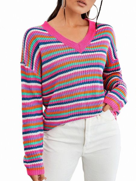 

women's sweaters block stripe pattern drop shoulder sweater 40aa#, White;black