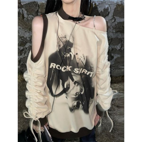 

womens hoodies sweatshirts deeptown vintage sweatshirt y2k aesthetic off the shoulder harajuku hip hop grunge pullover choker graphic hoodie, Black