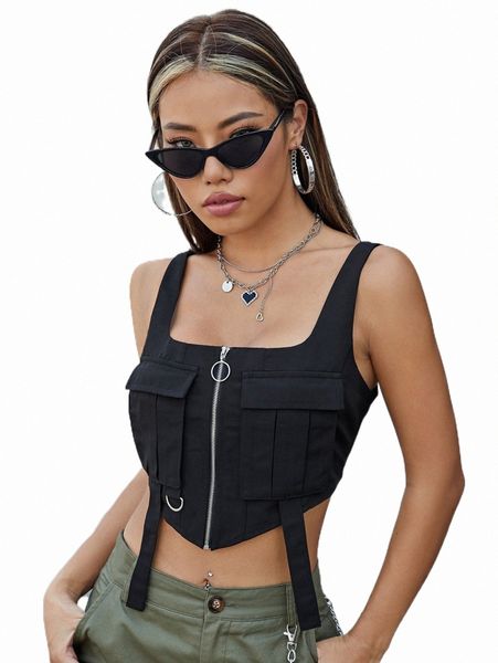 

women's tanks & camis zip up flap pocket tank without shirt 3908#, White