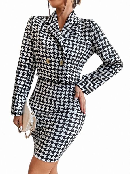 

two piece dress houndstooth print crop jacket & cami bodycon dress w8h4#, White