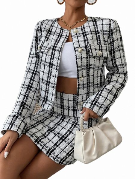 

two piece dress plaid tweed jacket & skirt 2022 new z9yt#, White