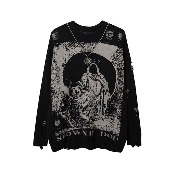 

men's sweaters send necklace ripped oversize sweaters frayed knitted long sleeve harajuku streetwear pullovers gothic men y2k women swe, White;black