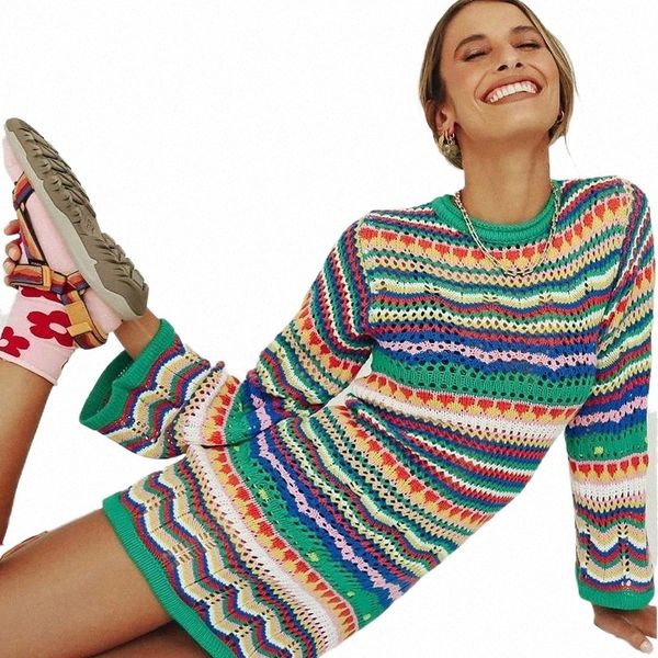 

casual dresses casual dresses wsevypo bohemian color block striped knit crochet sweaters dress autumn women's long sleeve crew neck min, Black;gray