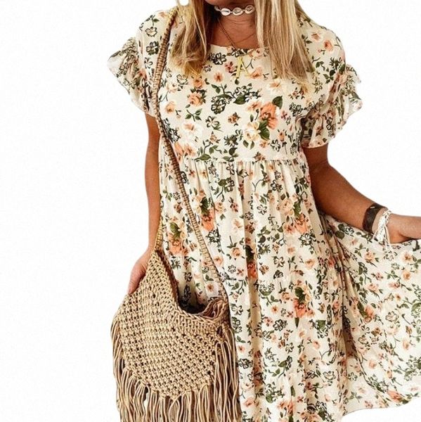 

casual dresses casual dresses women short sleeve dress floral printed pattern round collar loose style blue/ apricot a2nu#, Black;gray