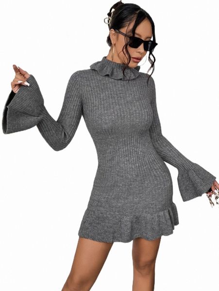 

women's sweaters ruffle trim flounce sleeve sweater dress c8oz#, White;black