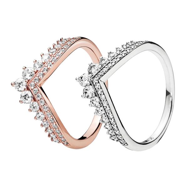 

women's rose gold princess wish ring wedding designer jewelry for pandora sterling silver girlfriend gift rings with original box set, Slivery;golden