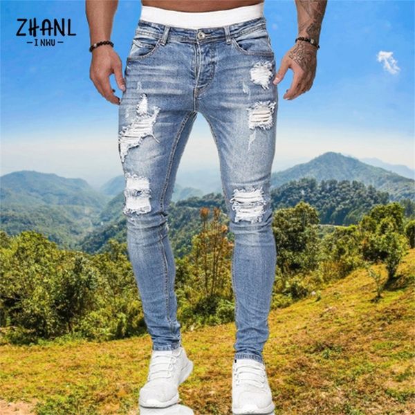 

mens jeans mens fashion ripped jeans streetwear mens black jeans slim fit hip hop skinny pants denim clothing casual trousers 220831, Blue