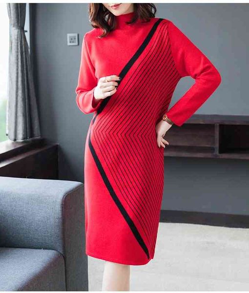

casual dresses winter stripe fashion knitting loose stand collar nine sleeve contrast dress elegant 9f0r, Black;gray