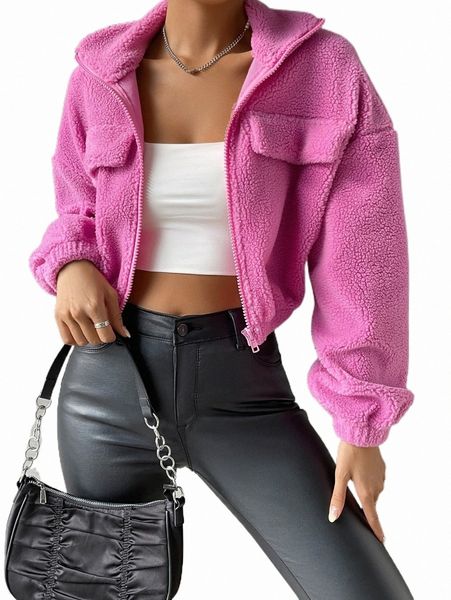 

women's jackets drop shoulder flap pocket teddy jacket x5i4#, Black;brown
