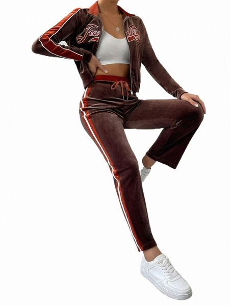

two piece dress velvet contrast side stripe crop & sweatpants a89b#, White