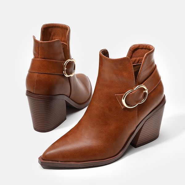 

fashion ankle leather short boots for women 2022 office work winter shoes buckle chunky high heel pointed toe martin boot chelsea, Black