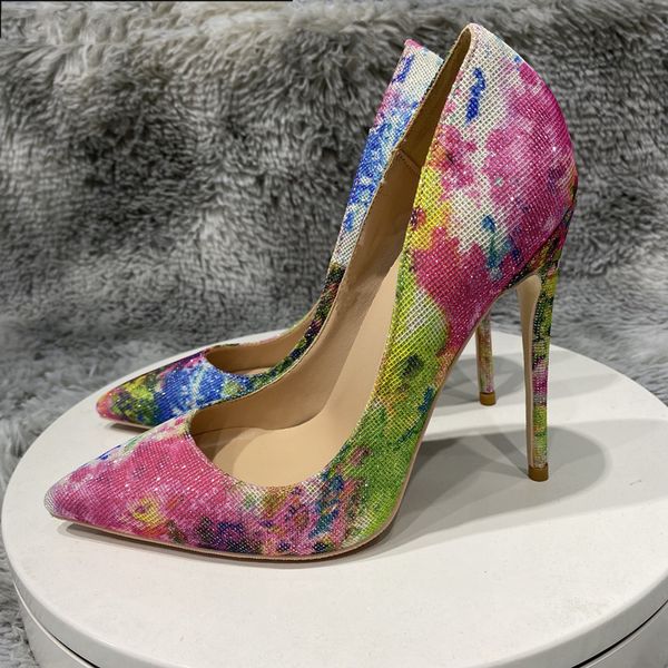 

floral bling sequined women red bottom shoe lady print pointed toes high heels party dress shoes fashion designer red soles slip on stiletto, Black