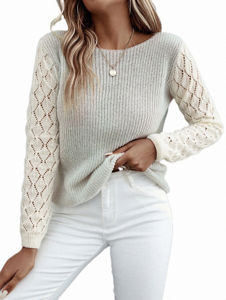 

women's sweaters two tone pointelle knit sweater a3qp#, White;black