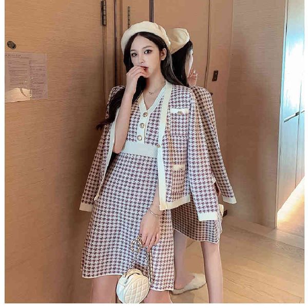 

women's tracksuits set autumn winter long sleeve cardigan thousand bird check sweater dress two piece simple and elegant style 24ce, Gray