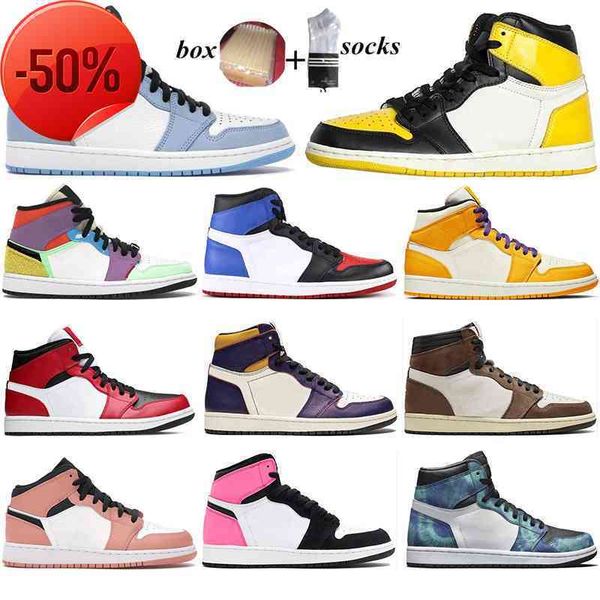 

boots with box mens jumpman 1 1s basketball shoes for men university blue lucky green lakers yellow light smoke grey women sneakers sports, Black