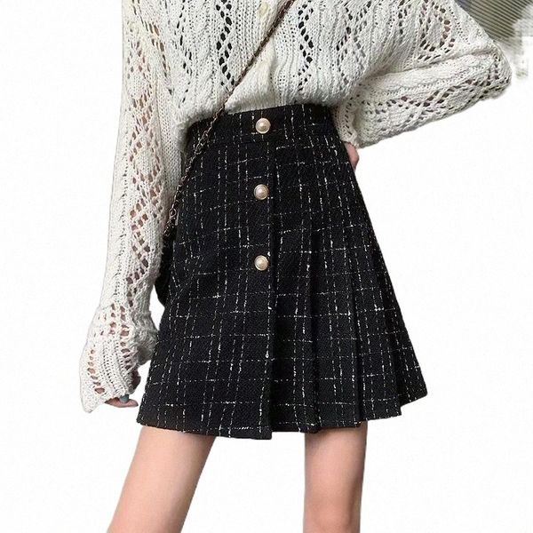 

skirts skirts korean autumn tweed women high waist mini skirt plus size vintage pleated black pearls buttons zipper plaid m256 m7au#
