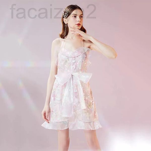 

casual dresses designer 2021 summer new waist bow sweet beads high pink stamen flower crystal colorful yarn lace suspender skirt female lafy, Black;gray