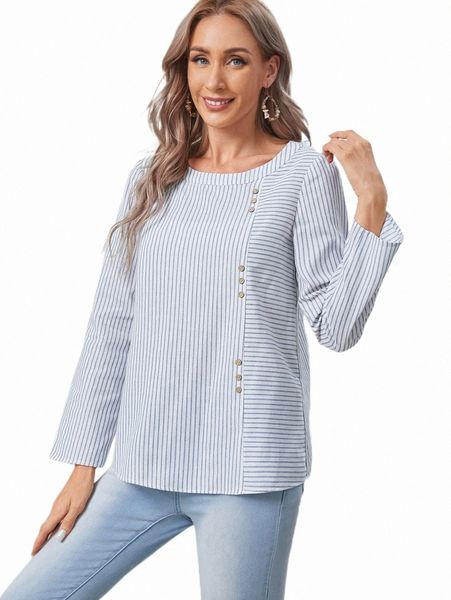 

women's blouses & shirts emery rose striped print button detail blouse n8ph#, White