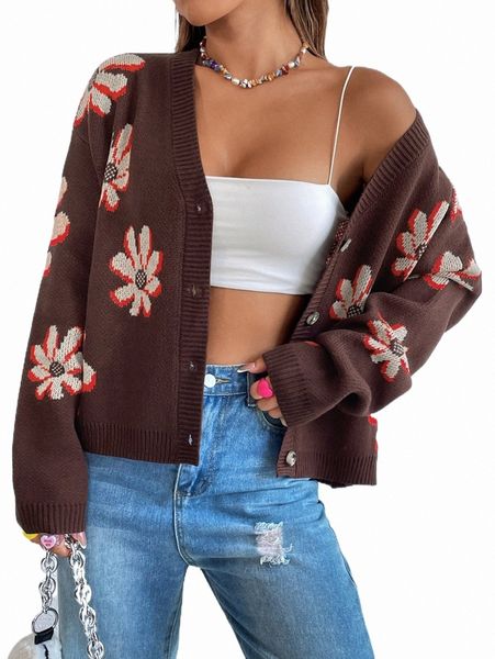 

women's sweaters floral pattern drop shoulder cardigan p4lc#, White;black