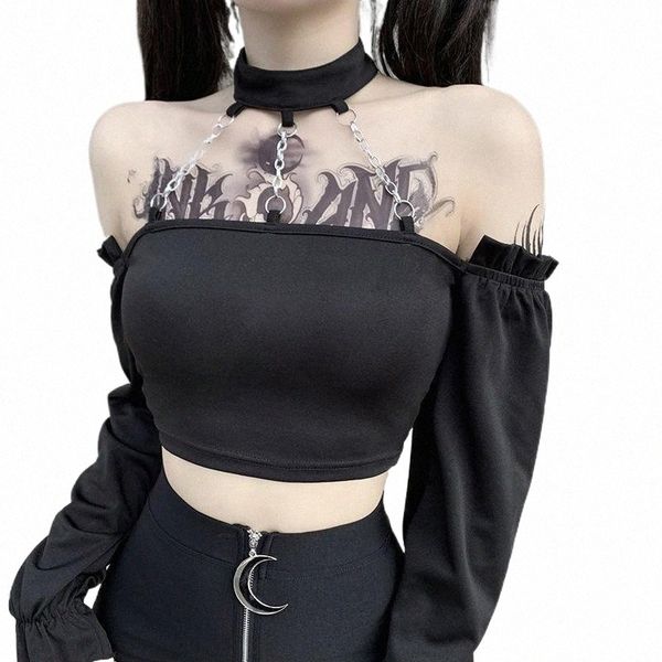 

women's blouses & shirts black goth women blouse 2021 autumn lady metal chains halter slash neck ruffles punk blouses short-length long, White