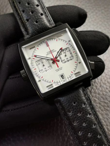 

men watch black blue leather quartz chronograph green gulf watch, Slivery;brown