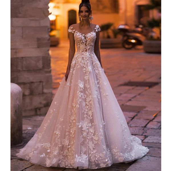 

a line wedding dresses sheer lace 3d flowers applique strapless tulle beach boho bridal gowns with crystals, White